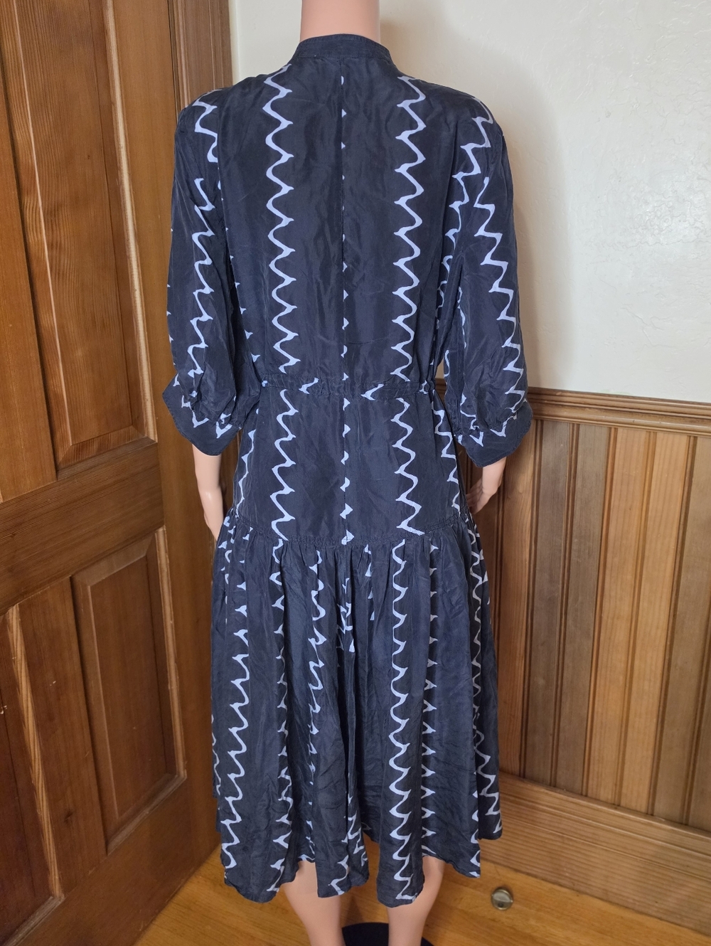 Apiece Apart Navy Zigzag Midi Silk Dress with Tie Waist 4 - Picture 9 of 10